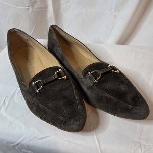 Talbots Women's Green Suede Loafers Gold Buckle Size 9